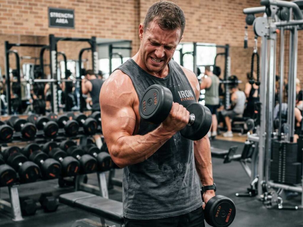 Muscular man doing a bicep curl during an intense dumbbell workout at a gym.