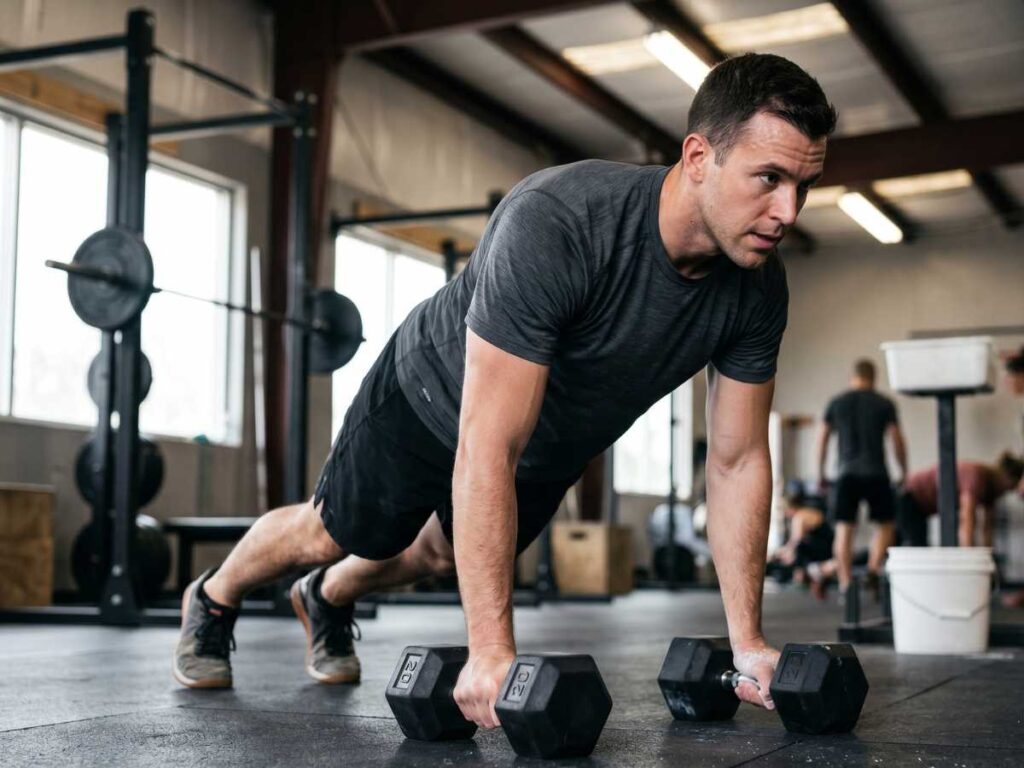 Focused athlete holding hexagonal 20lb weights while performing the push-up phase of a demanding dumbbell workout routine.