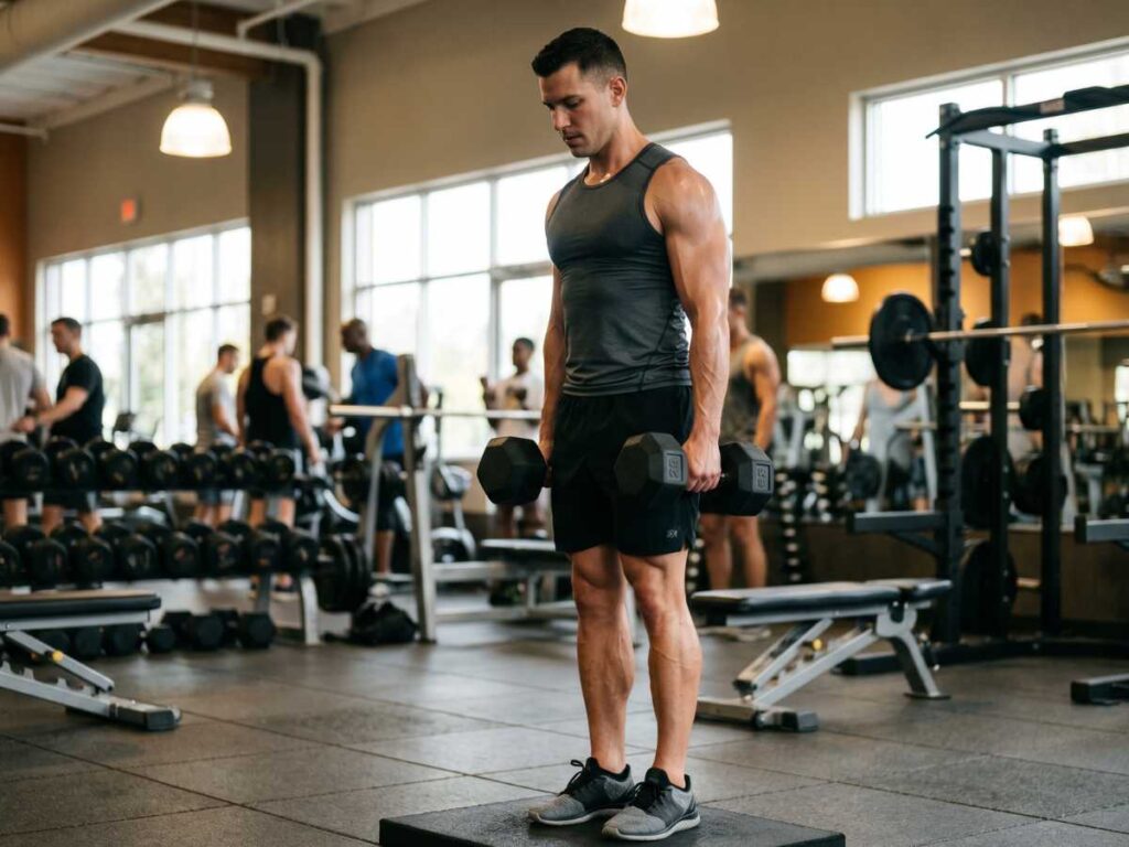 Muscular man performs dumbbell calf raises on an elevated platform, an essential part of a focused dumbbell workout routine.
