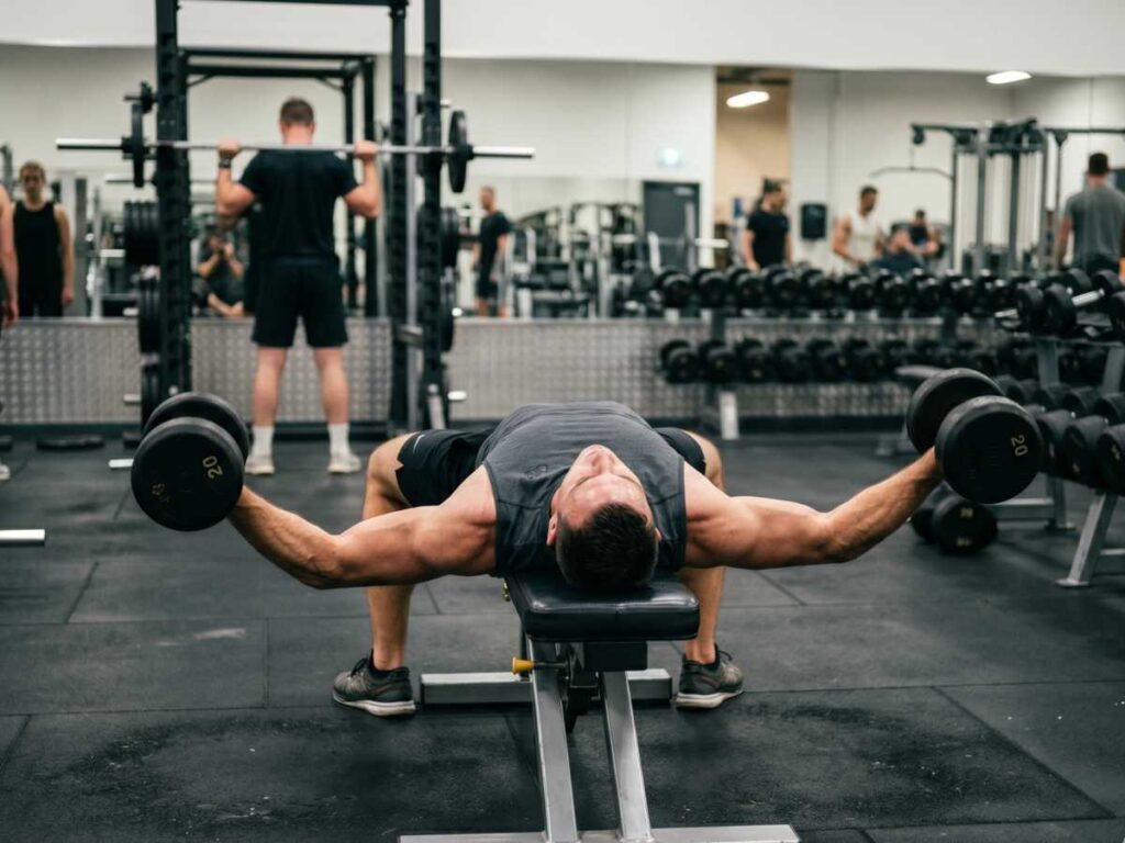 An athlete performs a dumbbell chest fly on a flat bench to target pectoral muscles during an intense dumbbell workout.