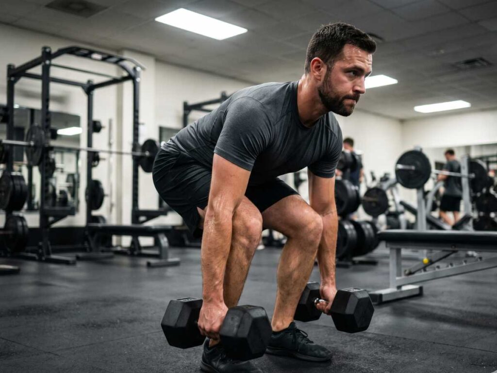 A muscular man in a gym performs a heavy dumbbell deadlift, focusing on proper form as part of a dumbbell workout.