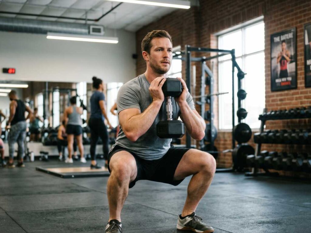 A man performs a deep goblet squat in the gym, an essential leg exercise for a complete lower body dumbbell workout.