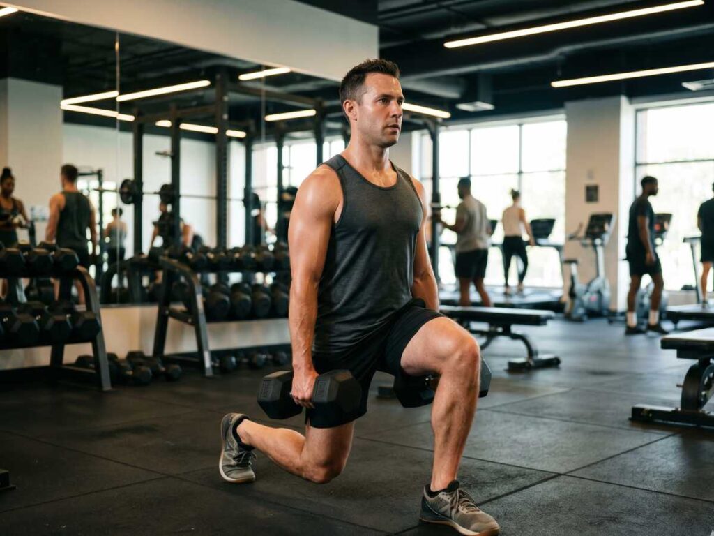 A man performs a stationary lunge holding dumbbells, a premier lower-body exercise for an effective dumbbell workout.