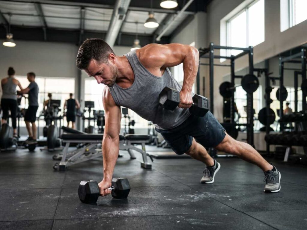 A muscular man performs a plank row on the gym floor, a fantastic compound exercise for an effective dumbbell workout.
