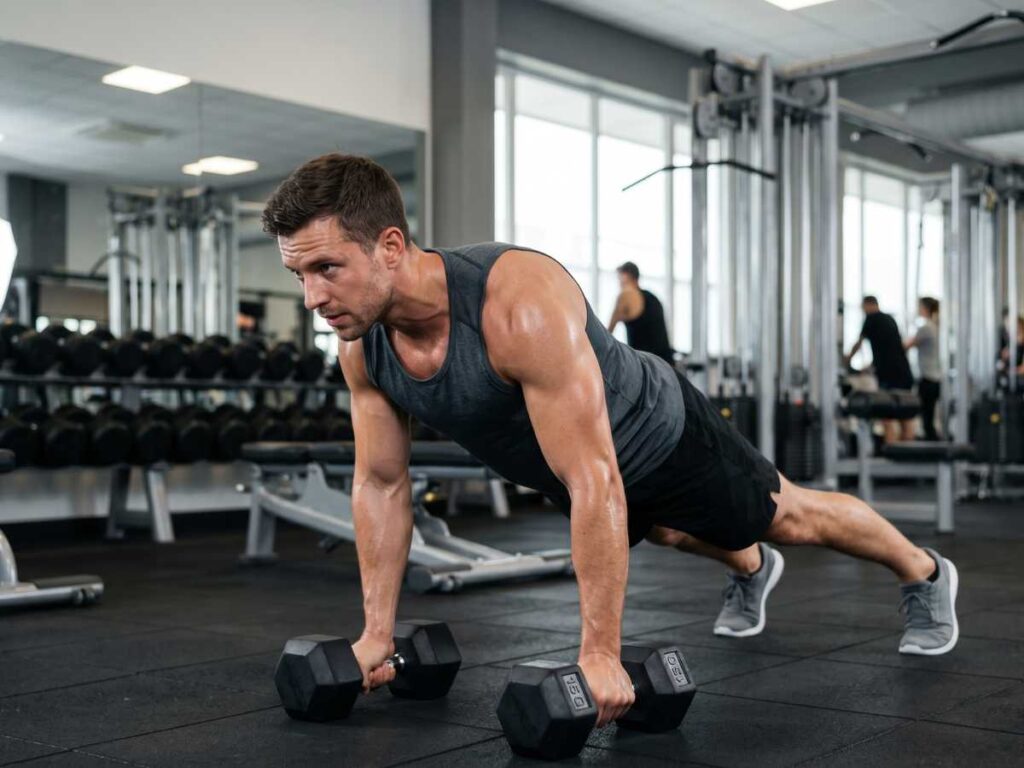 A man executes a focused push-up while gripping hexagonal dumbbells in a modern gym, illustrating an advanced dumbbell workout for upper body power.