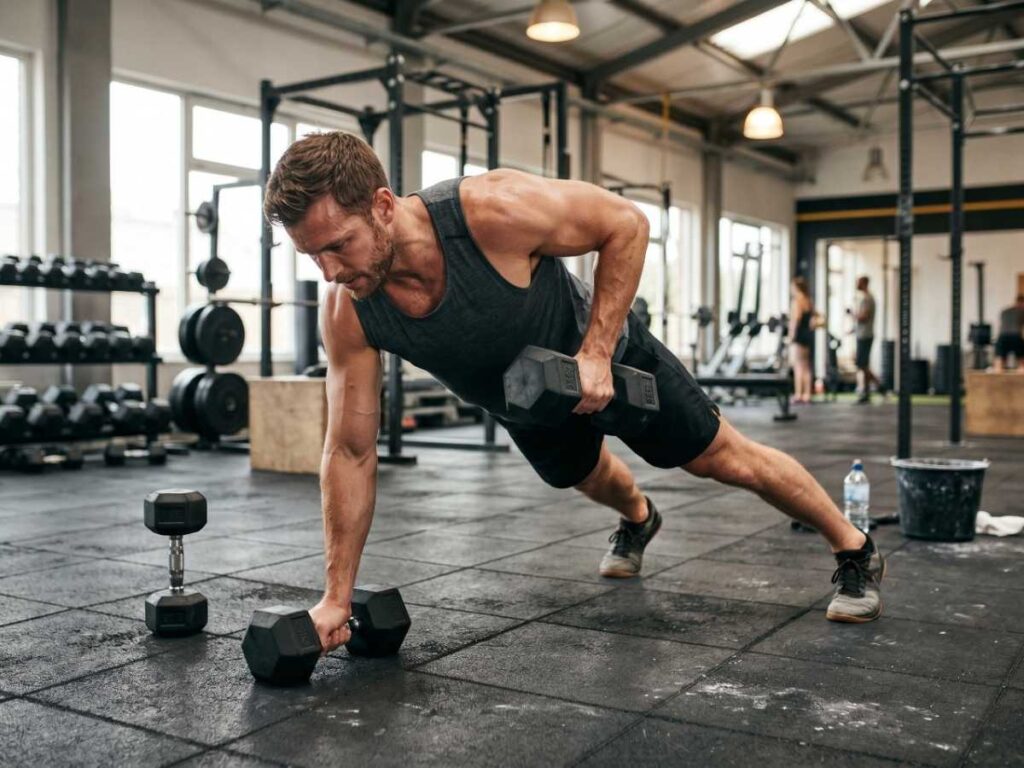 An athletic man performs a renegade row on a gym floor, an advanced compound move for a full body dumbbell workout.