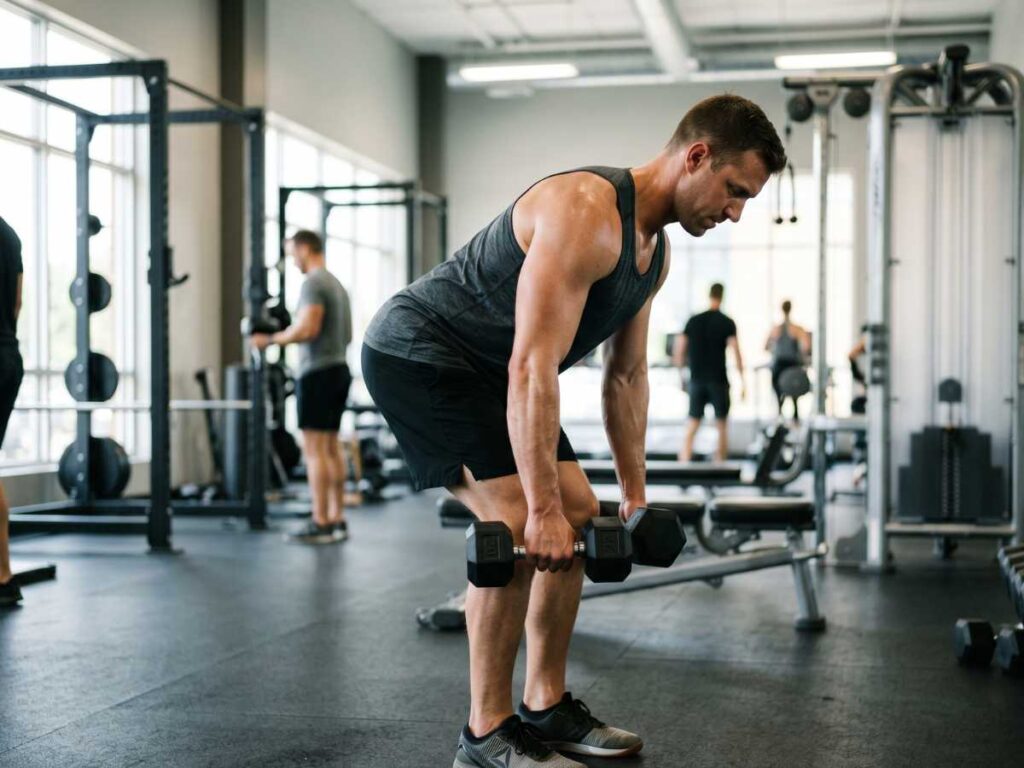 Muscular man in a gym lifts 20-pound dumbbells doing bent-over rows, a crucial exercise for any effective dumbbell workout routine.