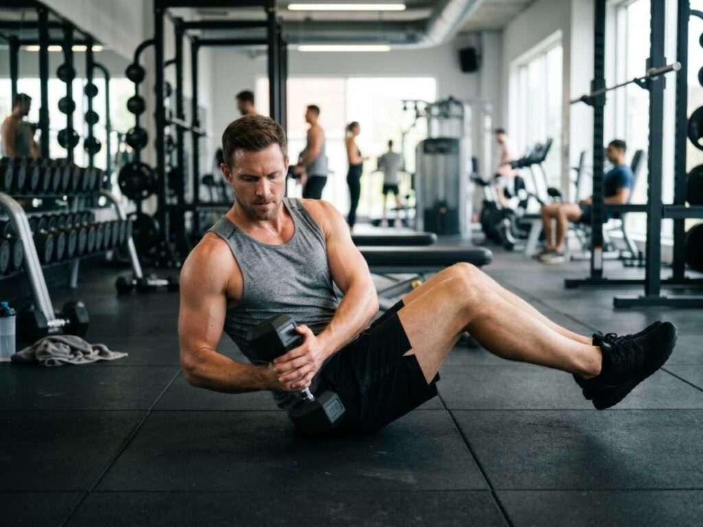 A man performs a Russian twist on the gym floor, an excellent core exercise to add to your daily dumbbell workout.