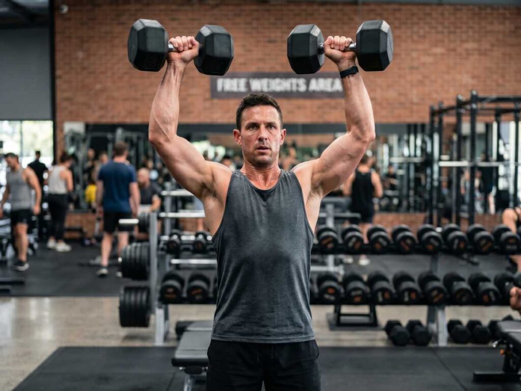 Man doing an overhead shoulder press during an intense dumbbell workout at the gym.