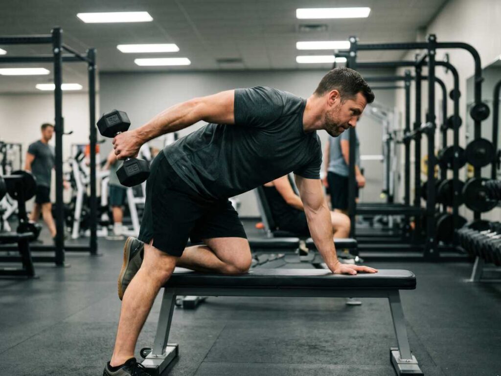 An athletic man performs a single-arm tricep kickback on a bench, a key exercise for any upper body dumbbell workout.
