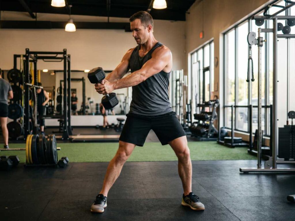 A man performs a standing woodchopper movement, a great rotational exercise to include in a dumbbell workout.