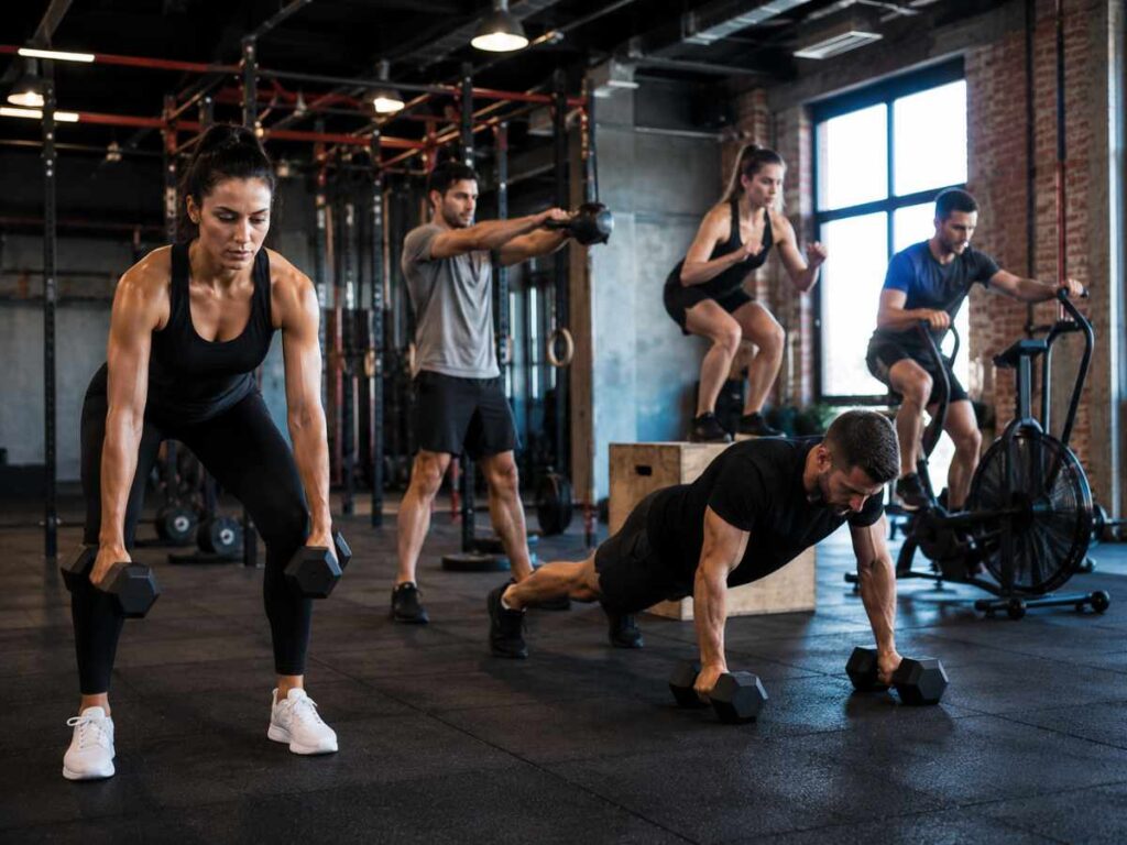 Group doing circuit training with weights in a gym, showing circuit training is one of the best endurance exercises.