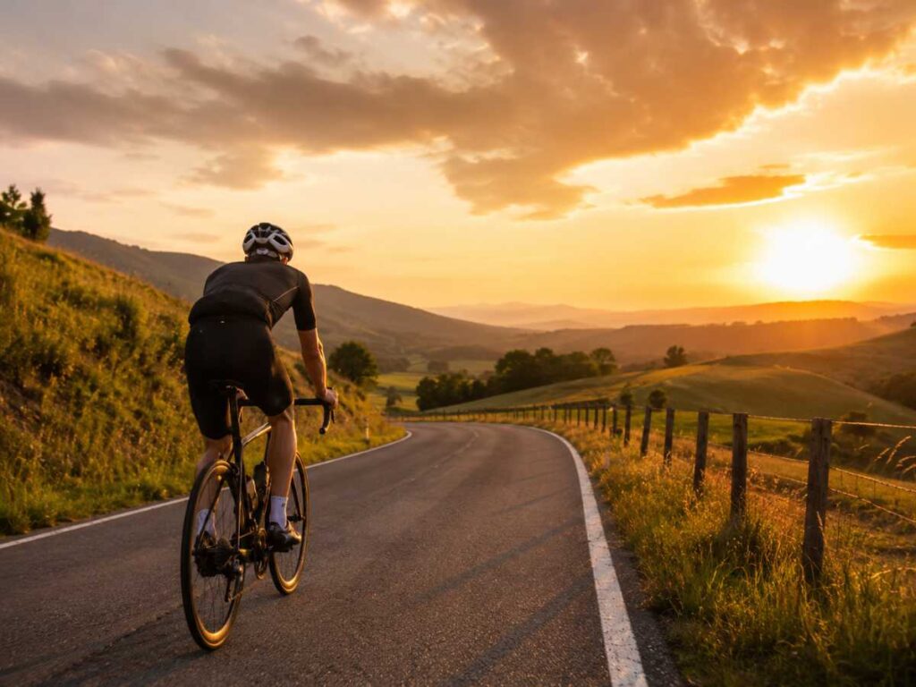 Cyclist riding on a scenic countryside road at sunset, showing cycling as one of the best endurance exercises for cardio.