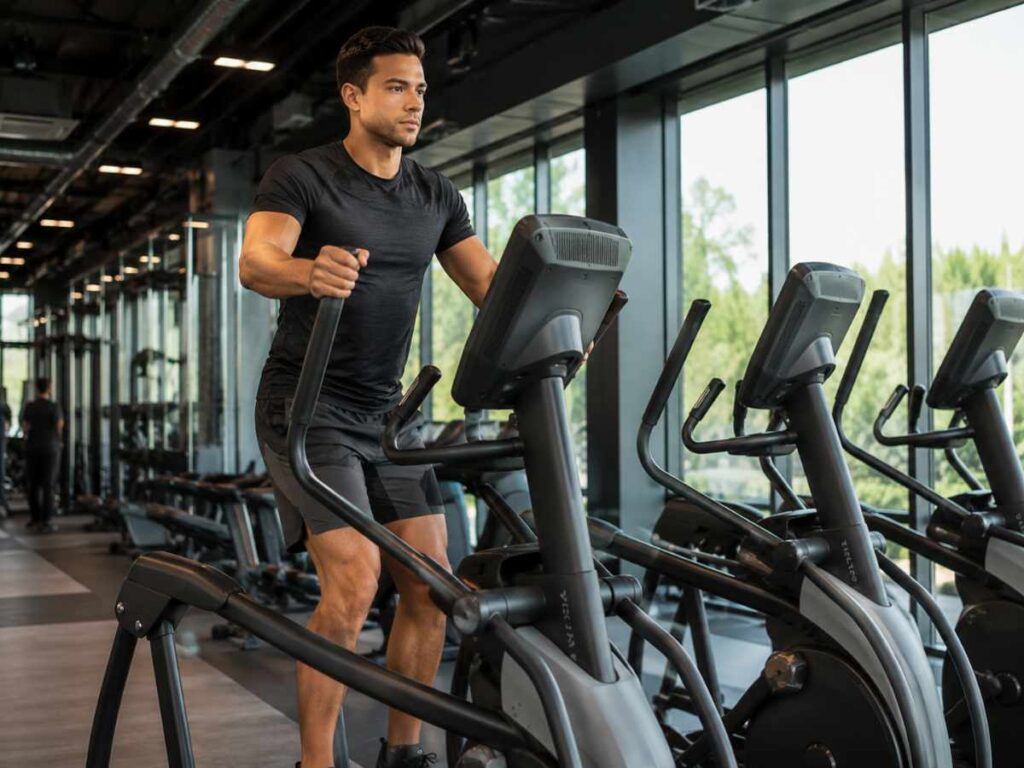 Person using an elliptical machine in a modern gym, showing elliptical training as one of the best endurance exercises today.