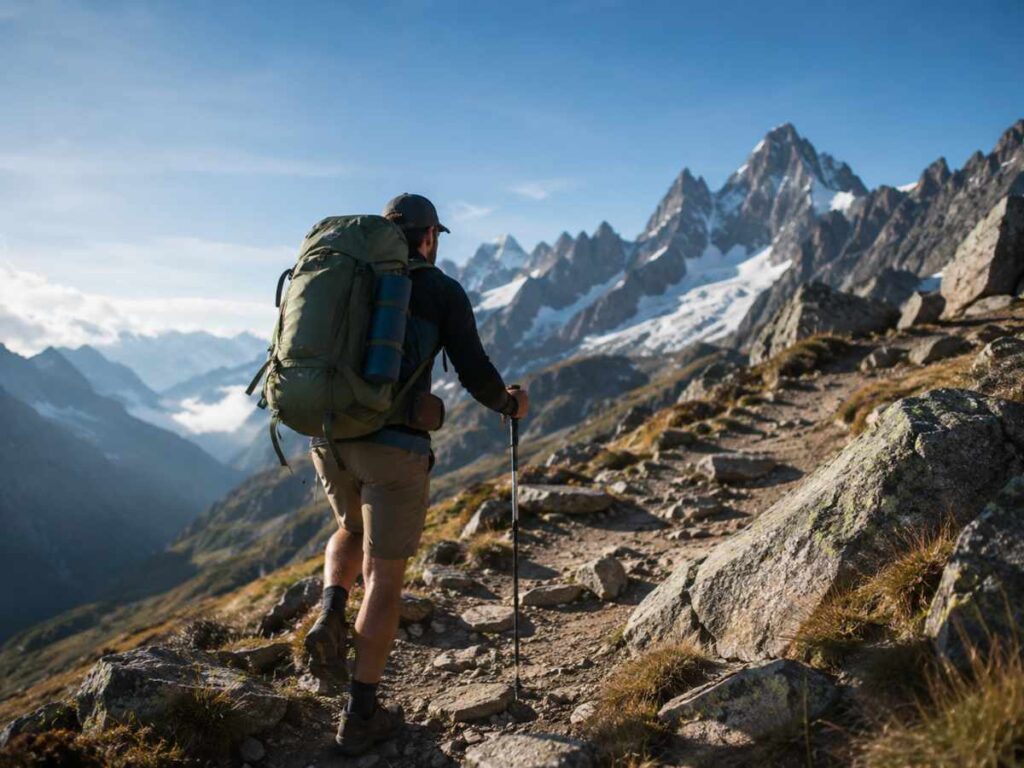 Hiker climbing a rocky mountain trail with a loaded backpack, proving hiking is one of the best endurance exercises outdoors.