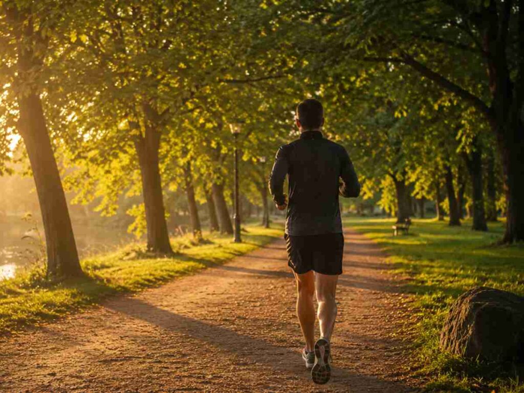 Man jogging along a tree-lined park path at sunrise, proving jogging ranks among the best endurance exercises overall.