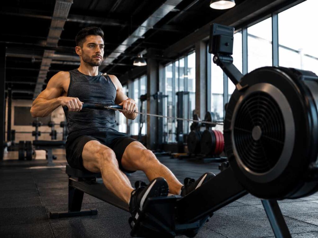 Athlete using a rowing machine with strong form at the gym, showing rowing as one of the best endurance exercises around.