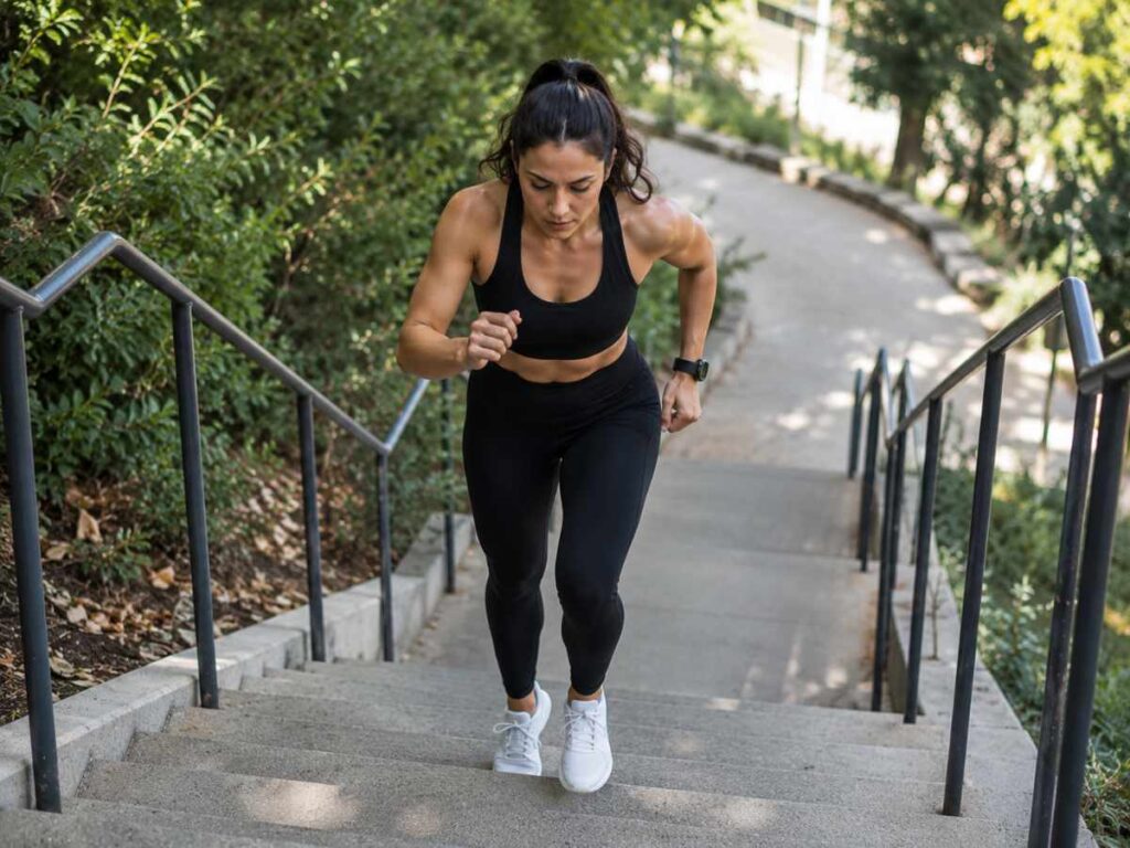 Woman climbing a long flight of outdoor stairs at the park, showing stair climbing as one of the best endurance exercises.