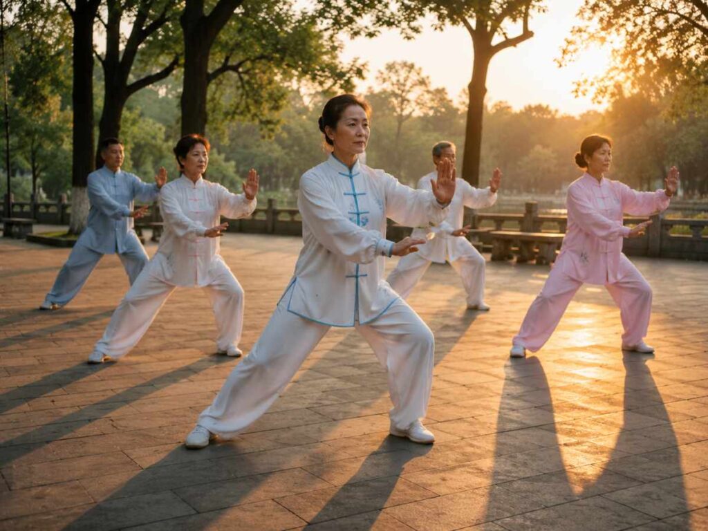Group practicing tai chi in a calm park at sunrise, showing tai chi as one of the best endurance exercises for balance.