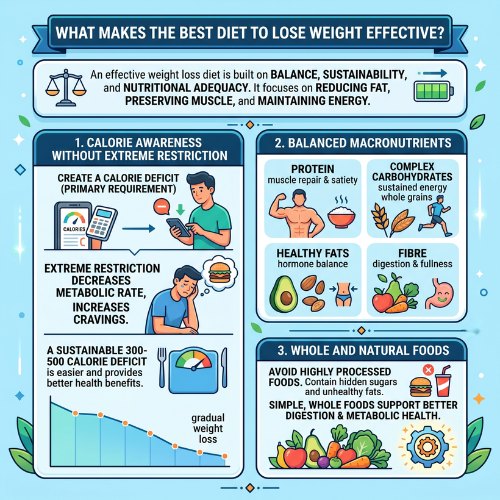 An infographic illustrating the essential principles of the best diet to lose weight, emphasizing simple, healthy, and natural whole foods, calorie awareness without extreme restriction, and balanced macronutrients for sustainable results.