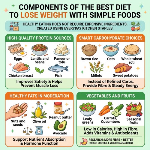 A chart showing how to create the best diet to lose weight with simple, healthy foods like eggs, oats, nuts, and leafy greens for balanced nutrition and sustainable weight management.