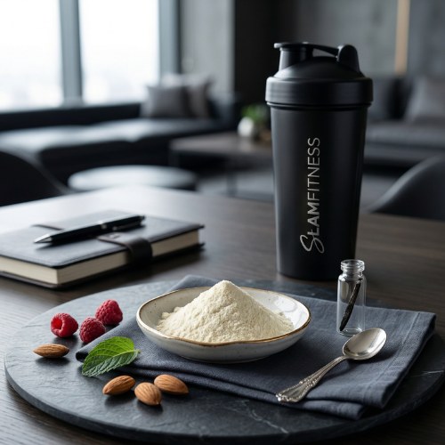 A scoop of whey isolate powder next to a shaker bottle, providing a quick-absorption option as the best lean protein food for post-workout recovery.