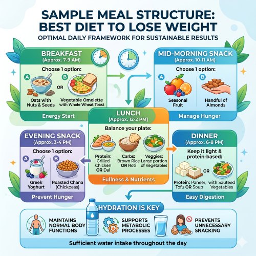 "SAMPLE MEAL STRUCTURE: BEST DIET TO LOSE WEIGHT" provides an optimal daily framework for sustainable results. It breaks down meal options from breakfast to dinner with approximate timeframes and health benefits. Specific choices include oats or an omelette for breakfast ("Energy Start"), fruit or almonds for a mid-morning snack ("Manage Hunger"), a balanced lunch of protein, complex carbs, and vegetables ("Fullness & Nutrients"), yogurt or roasted chana for an evening snack ("Prevent Hunger"), and a light protein-based dinner like paneer, tofu, or soup with vegetables ("Easy Digestion"). The bottom section emphasizes "HYDRATION IS KEY", with details explaining how sufficient water intake maintains normal body functions, supports metabolic processes, and prevents unnecessary snacking throughout the day.
